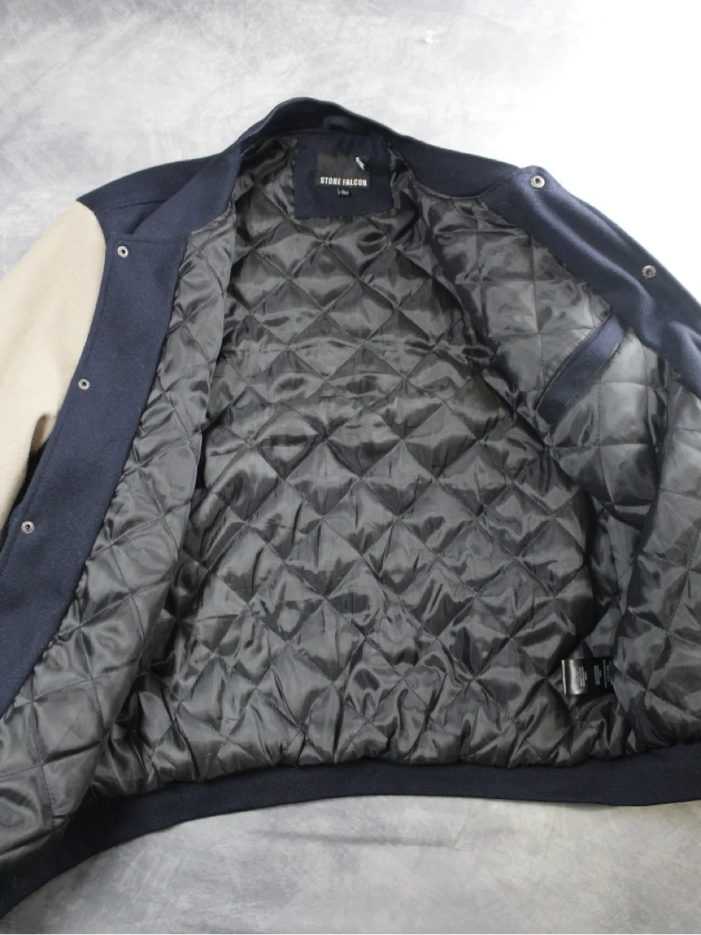 Stone Falcon Mens Large L Varsity Letterman Jacket Navy Blue Beige SF Patch